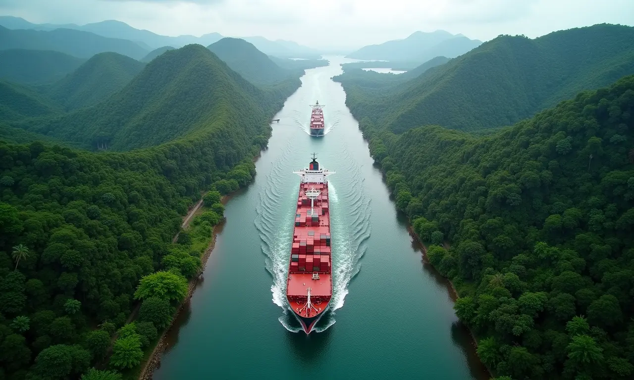 Vista aérea do Canal do Panamá com navios em trânsito.