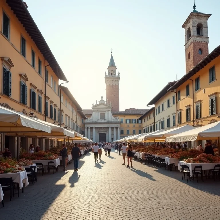 Vista animada da Piazza del Comune, o coração histórico de Assis