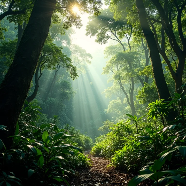 Vista da floresta Amazônica com a luz do sol filtrada pelas árvores.