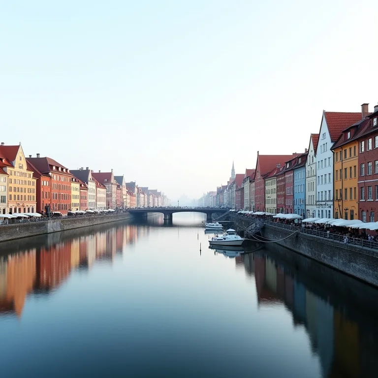 Vista da orla de Gdansk com edifícios coloridos refletidos no rio Motława