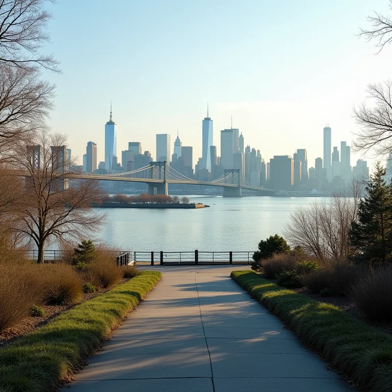 Vista espetacular de Roosevelt Island com a paisagem urbana de Manhattan ao fundo.