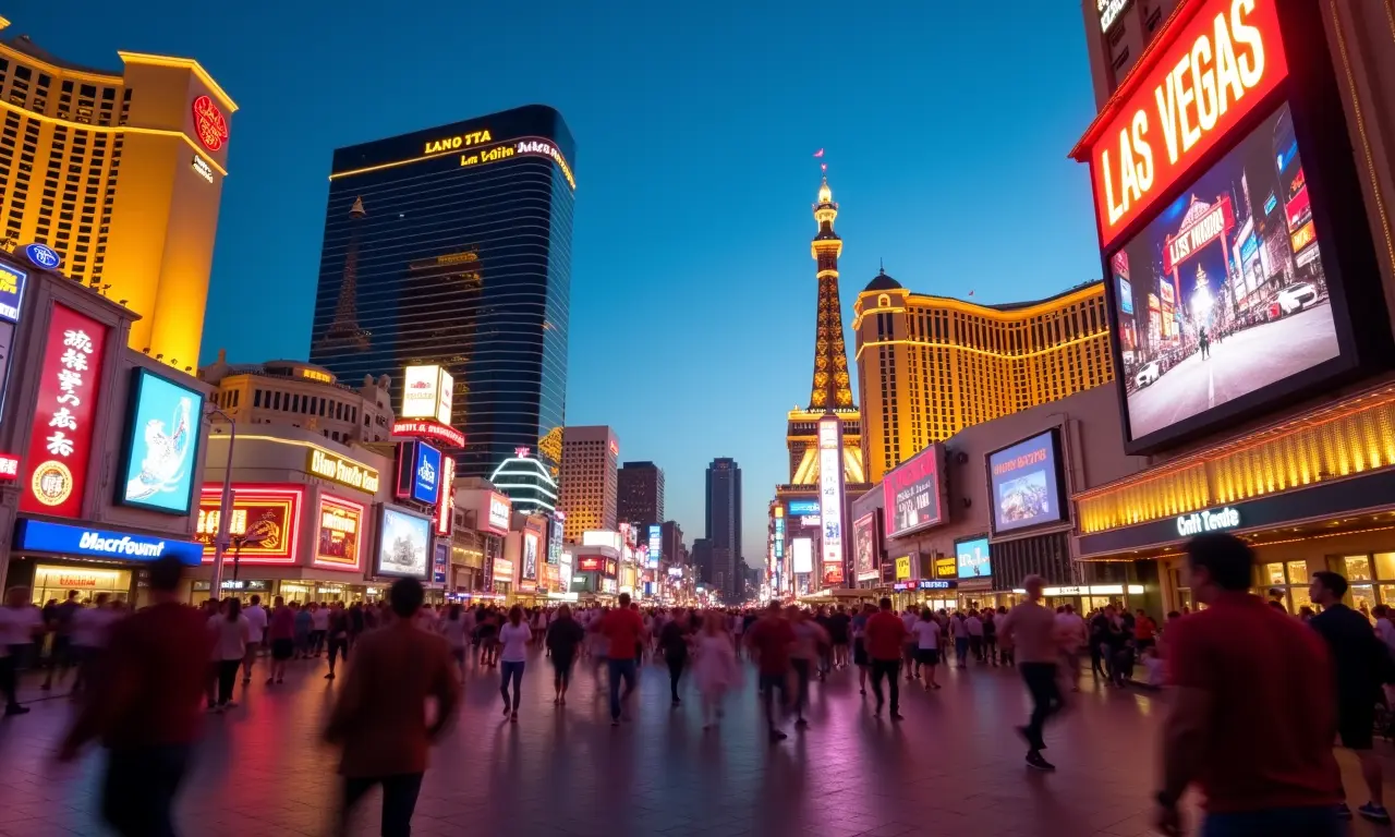 Vista noturna da Strip de Las Vegas com hotéis e cassinos iluminados.