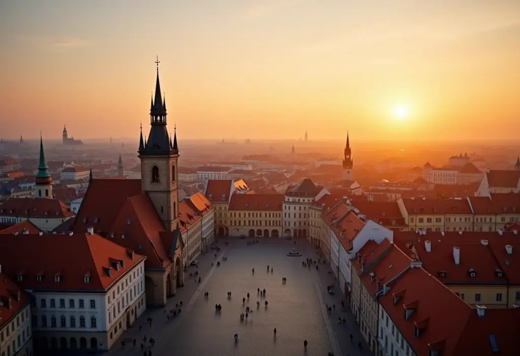 Vista panorâmica da praça principal de Cracóvia ao entardecer