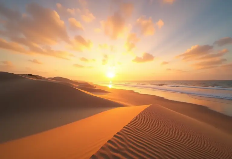 Vista panorâmica da praia de Mangue Seco na Bahia ao entardecer