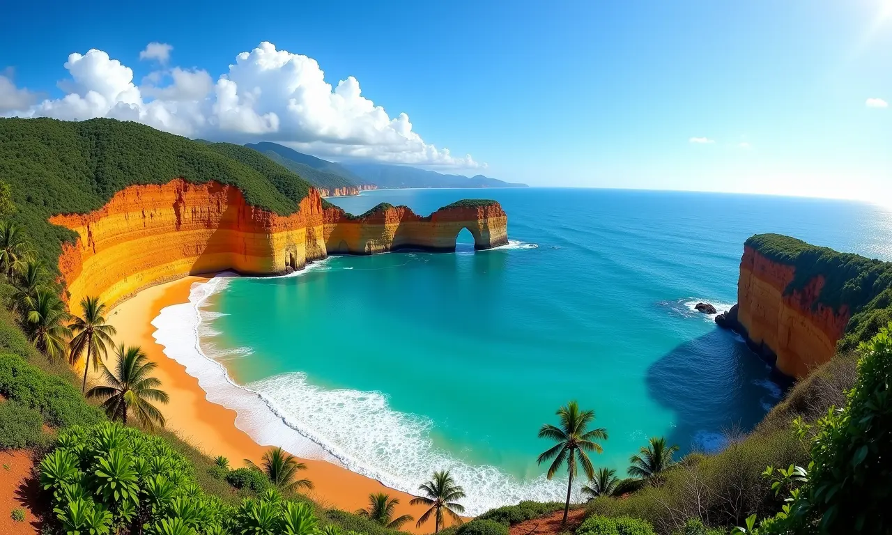 Vista panorâmica da Praia do Gunga, com falésias coloridas e mar turquesa.