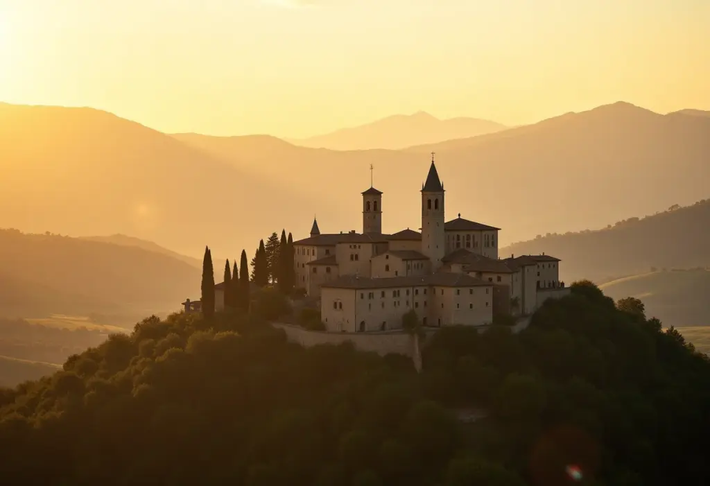 Vista panorâmica de Assis, Itália, ao pôr do sol