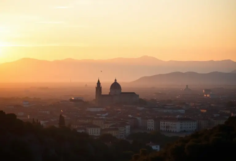 Vista panorâmica de Assis, Itália, ao pôr do sol.
