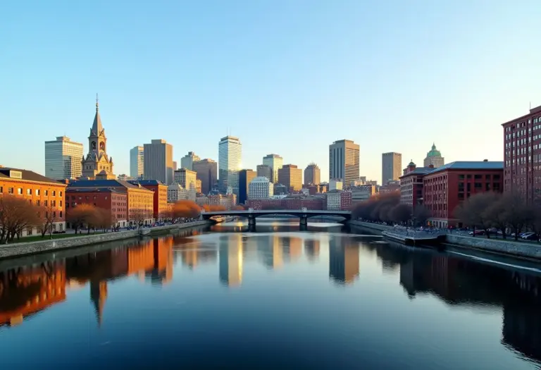 Vista panorâmica de Boston com arquitetura histórica e arranha-céus modernos.