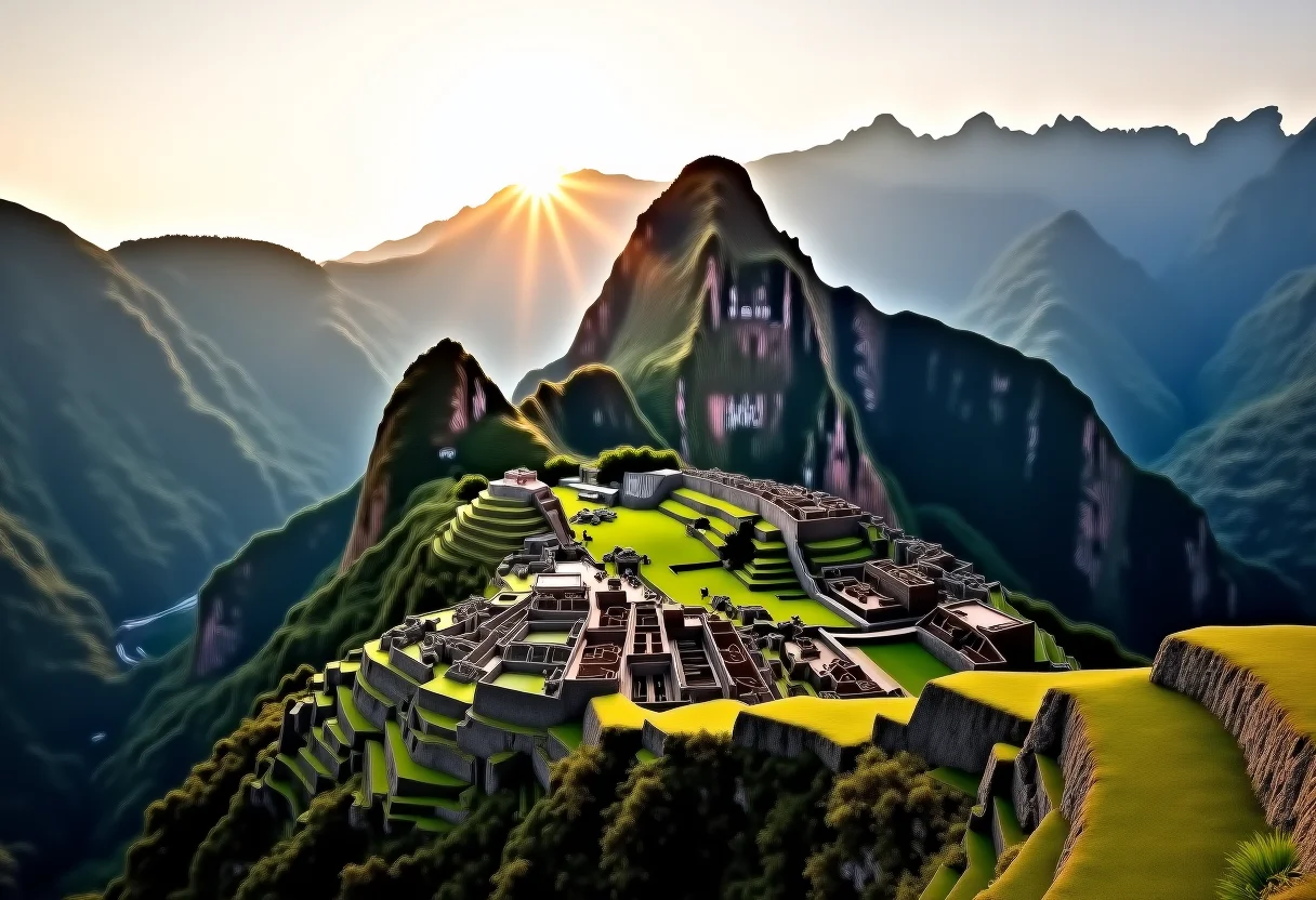 Vista panorâmica de Machu Picchu ao amanhecer.