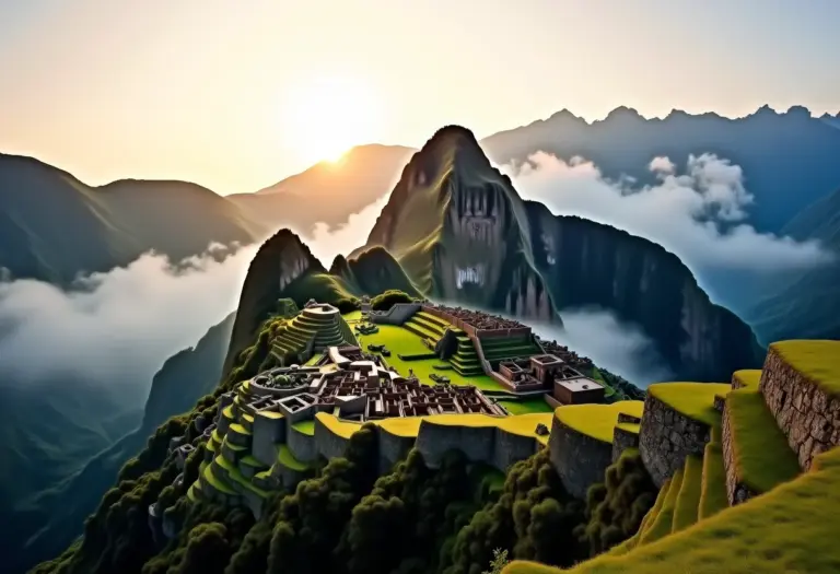 Vista panorâmica de Machu Picchu ao nascer do sol