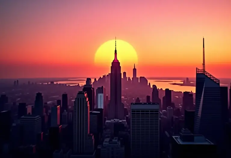 Vista panorâmica de Nova York ao pôr do sol