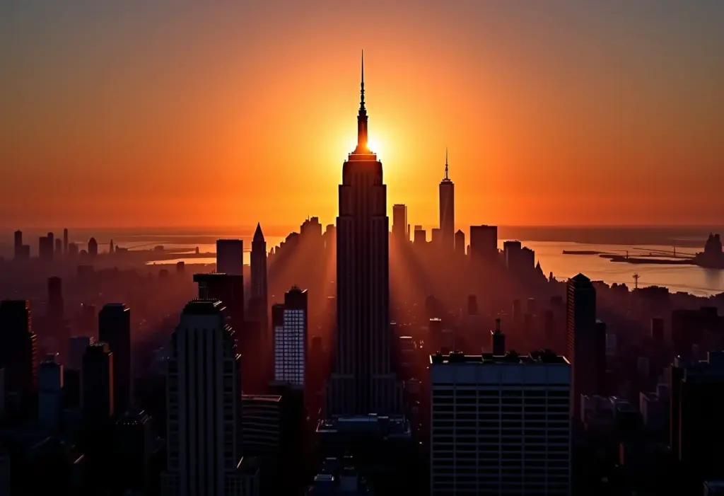 Vista panorâmica de Nova York ao pôr do sol com arranha-céus e a Ponte do Brooklyn.