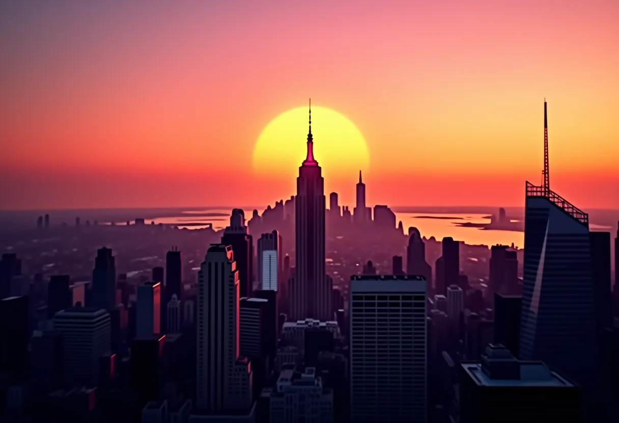 Vista panorâmica de Nova York ao pôr do sol