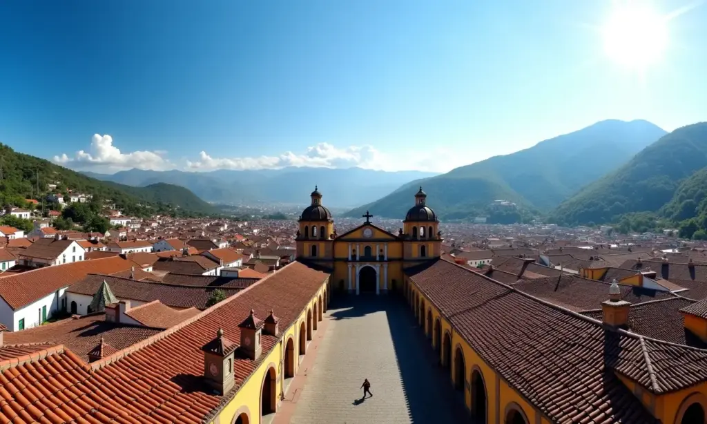 Vista panorâmica de Ouro Preto, com arquitetura colonial e céu ensolarado.