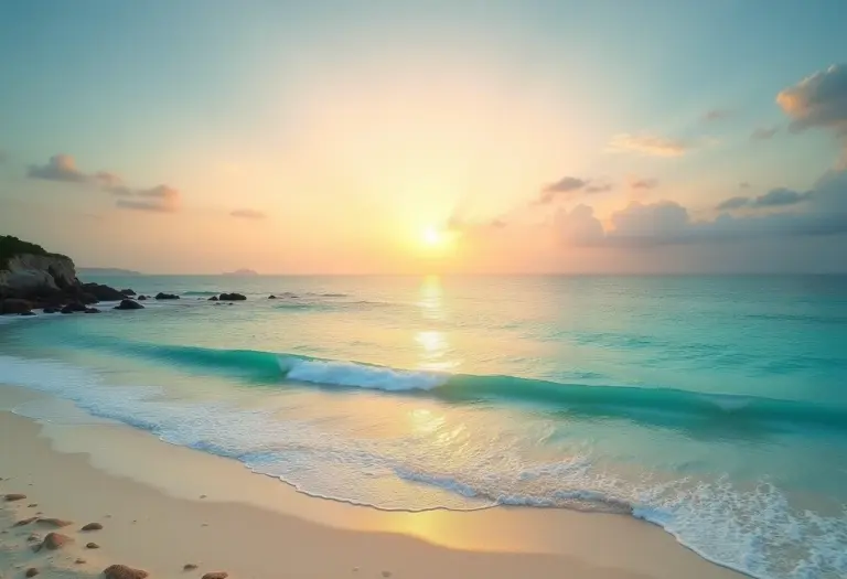Vista panorâmica de praia paradisíaca na Bahia ao entardecer.