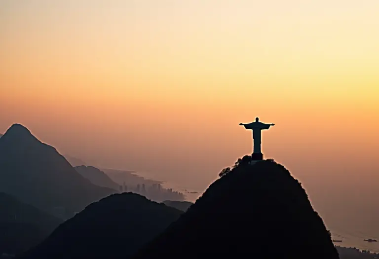 Vista panorâmica do Cristo Redentor ao pôr do sol.