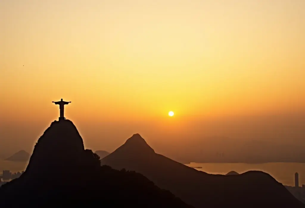 Vista panorâmica do Cristo Redentor ao pôr do sol no Rio de Janeiro
