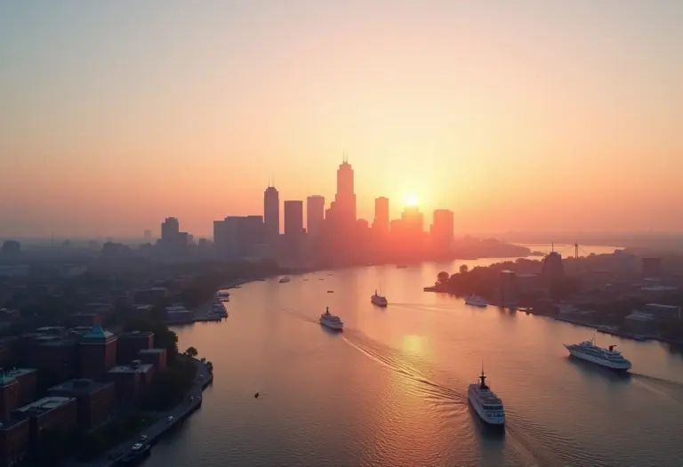 Vista panorâmica do horizonte de Boston ao pôr do sol