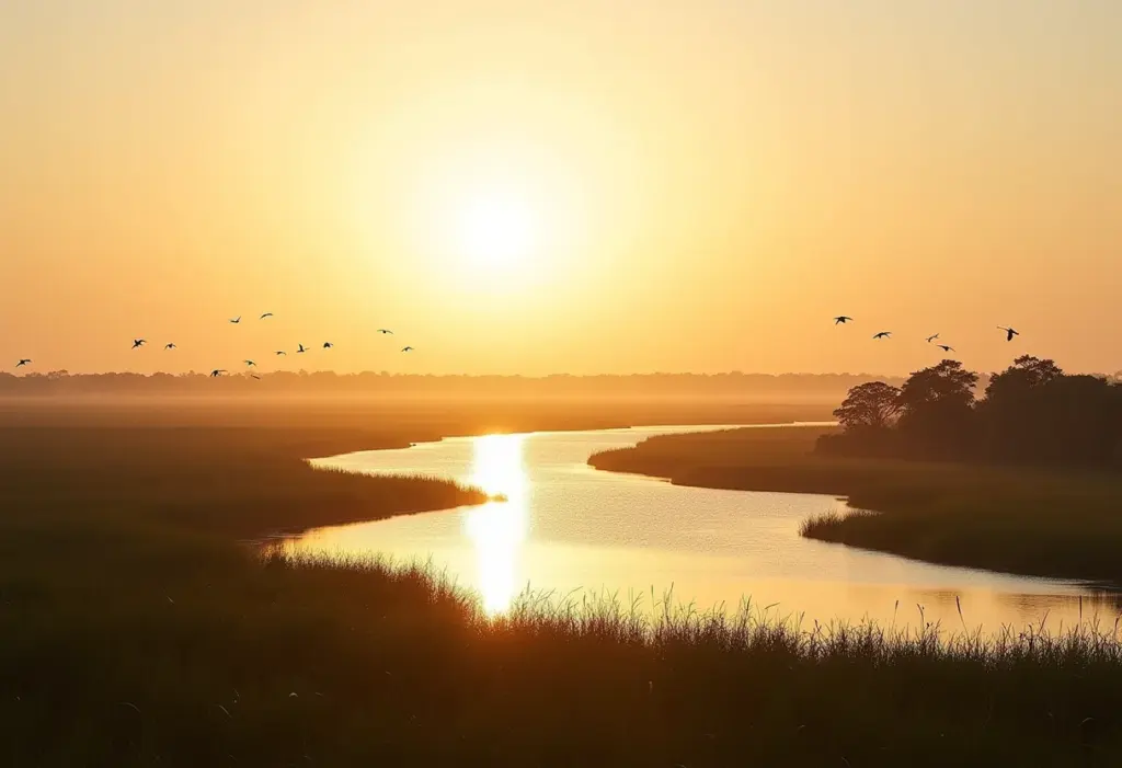 Vista panorâmica do Pantanal Matogrossense ao entardecer