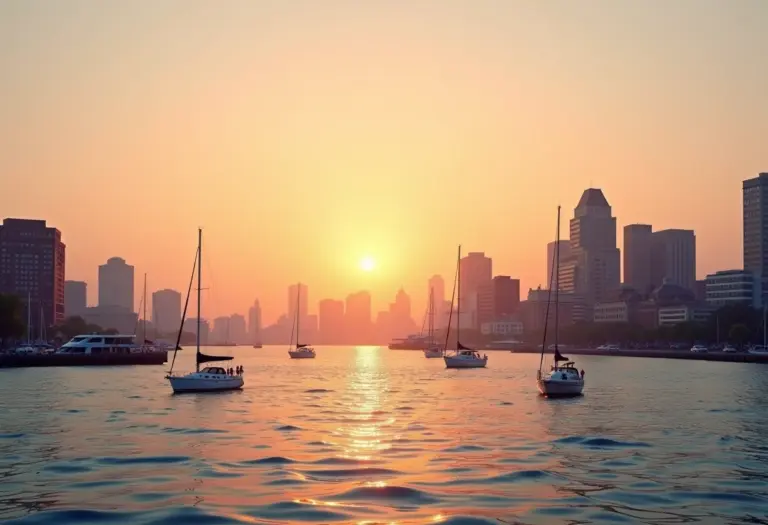 Vista panorâmica do porto de Boston ao pôr do sol