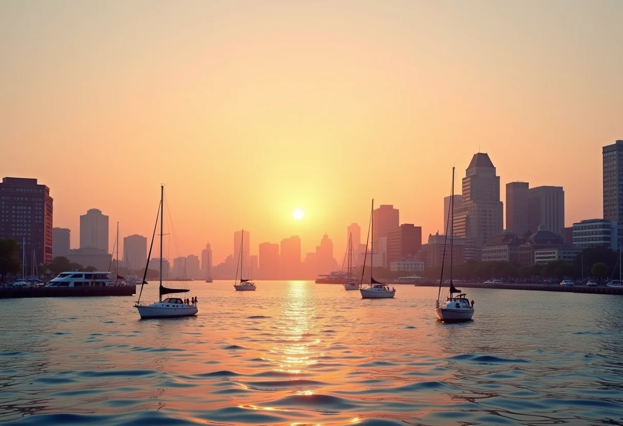 Vista panorâmica do porto de Boston ao pôr do sol