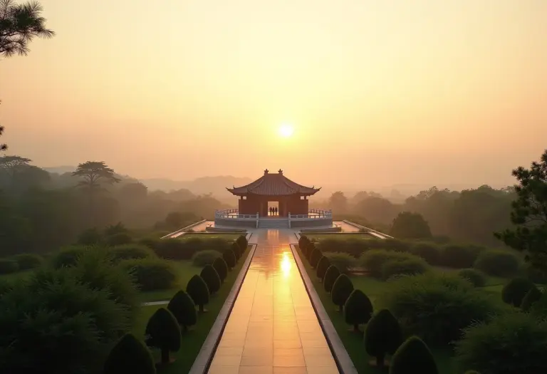Vista panorâmica do Templo Zu Lai ao entardecer