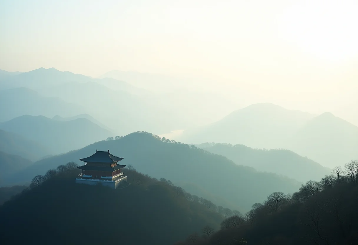 Vista panorâmica do Templo Zu Lai em dia de neblina.