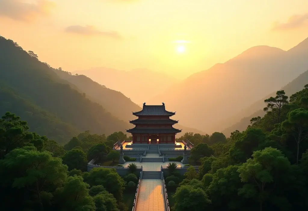 Vista panorâmica do Templo Zu Lai em dia ensolarado.