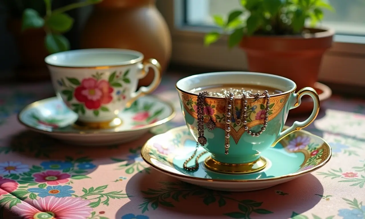 Xícaras e pires com bijuterias.