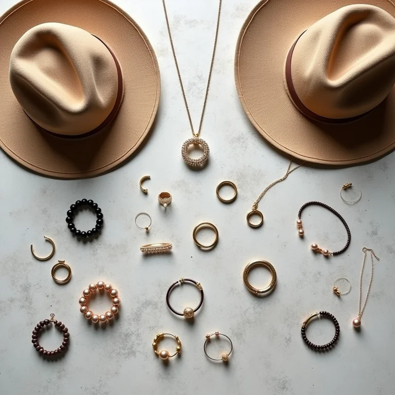 Acessórios como pulseiras, anéis, colares e chapéus dispostos em uma superfície de concreto