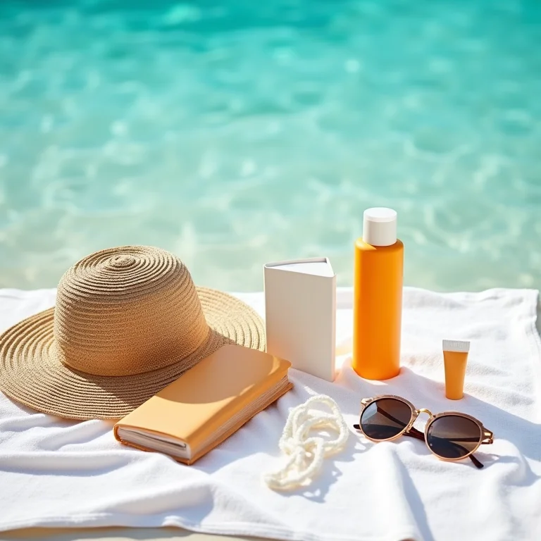 Acessórios essenciais para um paraíso secreto: protetor solar natural, chapéu de palha, óculos de sol e um diário de viagem.