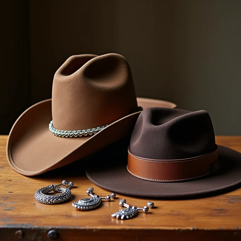 Acessórios que combinam com bota de cowboy dispostos em mesa de madeira