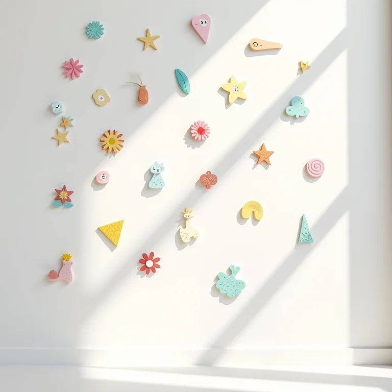 Adesivos de parede coloridos e divertidos em uma superfície branca.