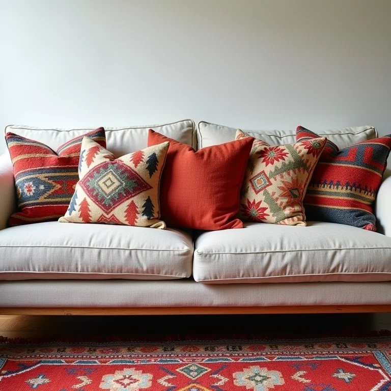 Almofadas coloridas com estampas étnicas em sofá de linho