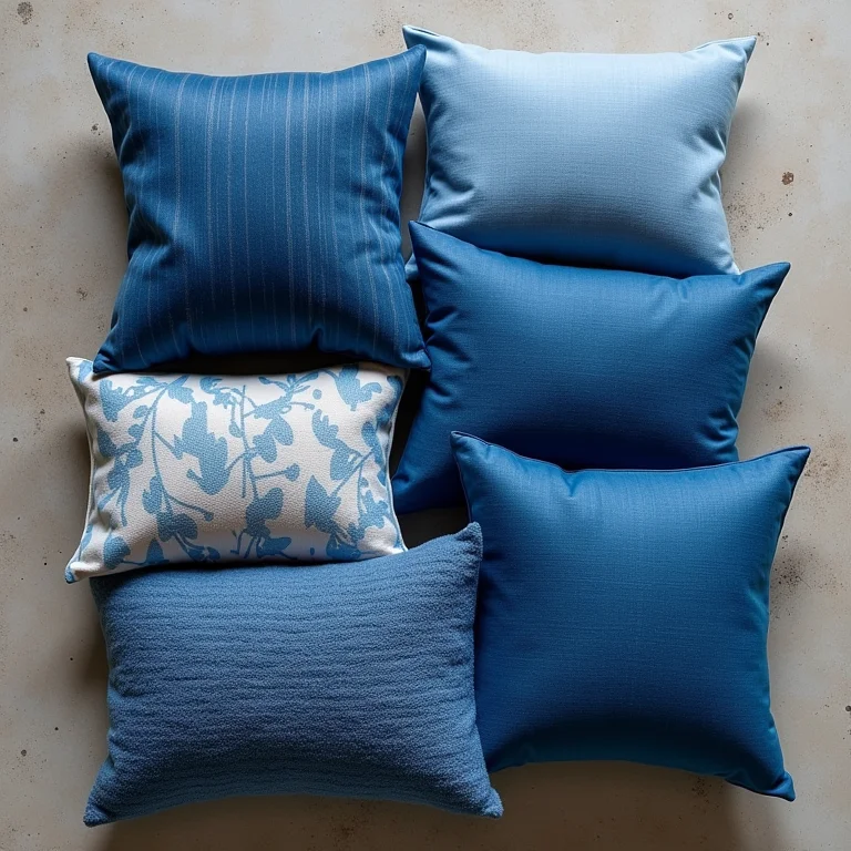 Almofadas da Etna em diferentes tons, texturas e estampas azuis.