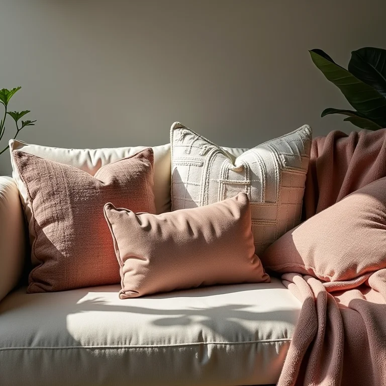 Almofadas e mantas boho com padrões geométricos e florais