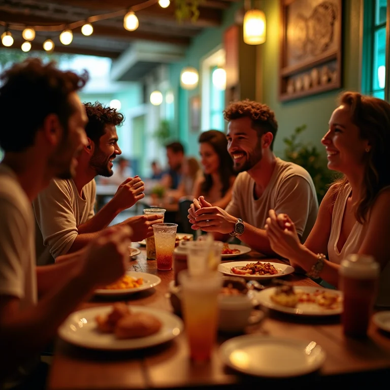 Amigos desfrutando de petiscos em um boteco brasileiro.