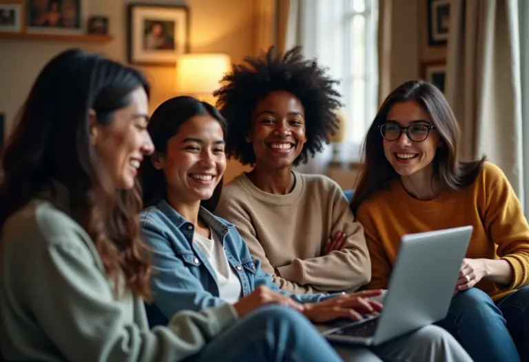 Amigos diversos fazendo chamada de vídeo internacional