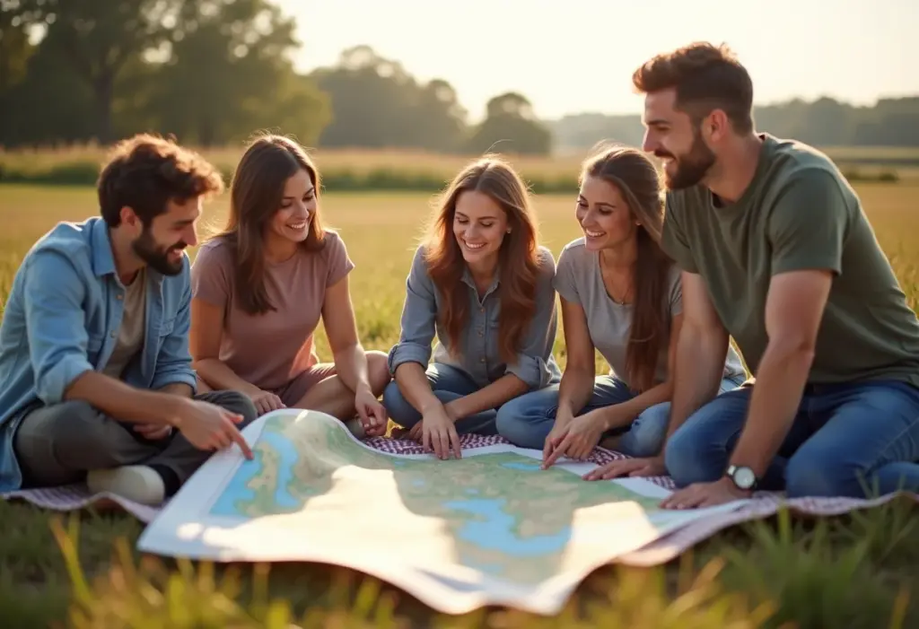 Amigos rindo e planejando viagem em um mapa.