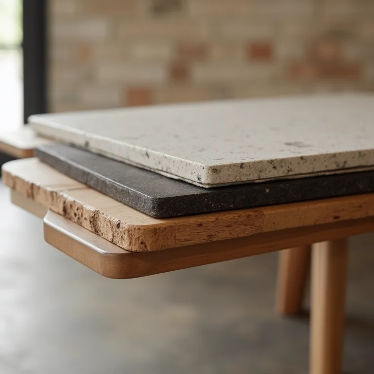 Amostras de materiais para mesa de jantar.