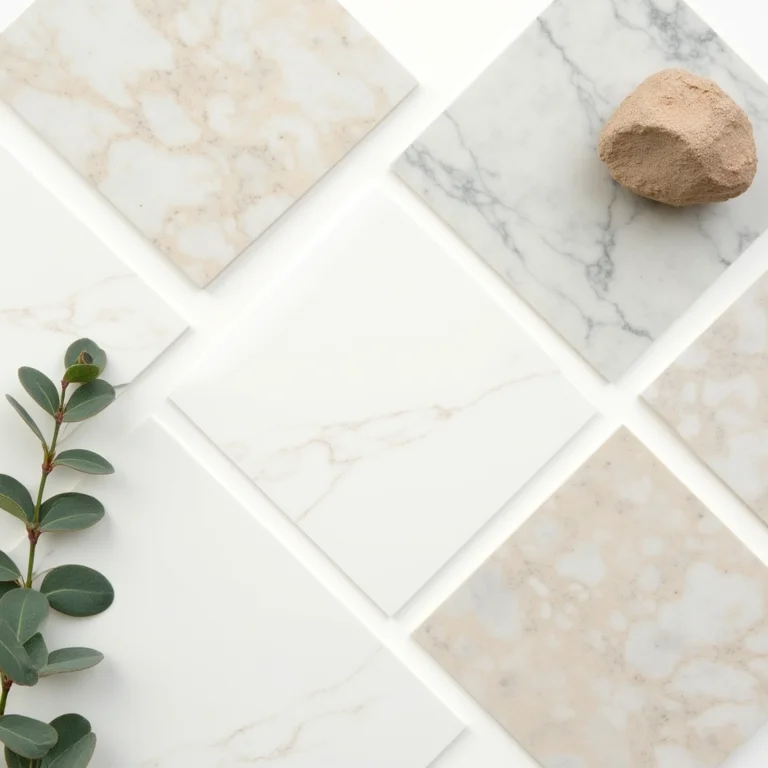 Amostras de porcelanato marmorizado em diferentes cores