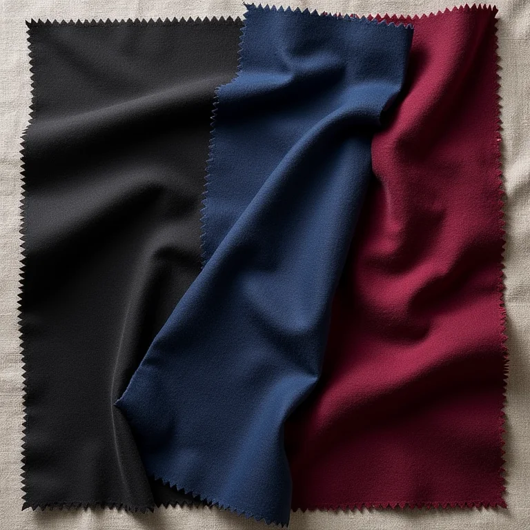 Amostras de tecidos em tons de preto, azul marinho e vinho