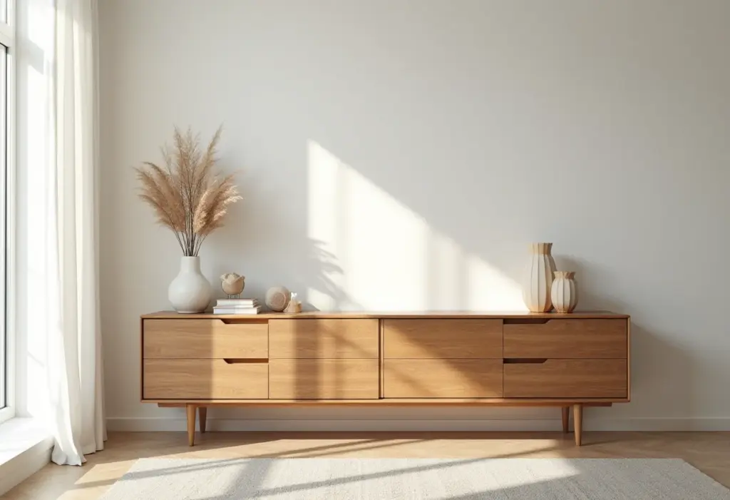 Aparador para sala: 5 erros que você não pode cometer! Aparador moderno em sala de estar iluminada