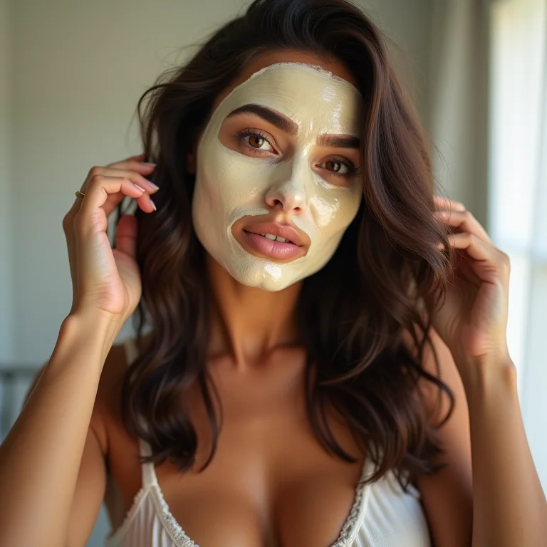 Aplicação de máscara capilar em cabelos castanhos ondulados.