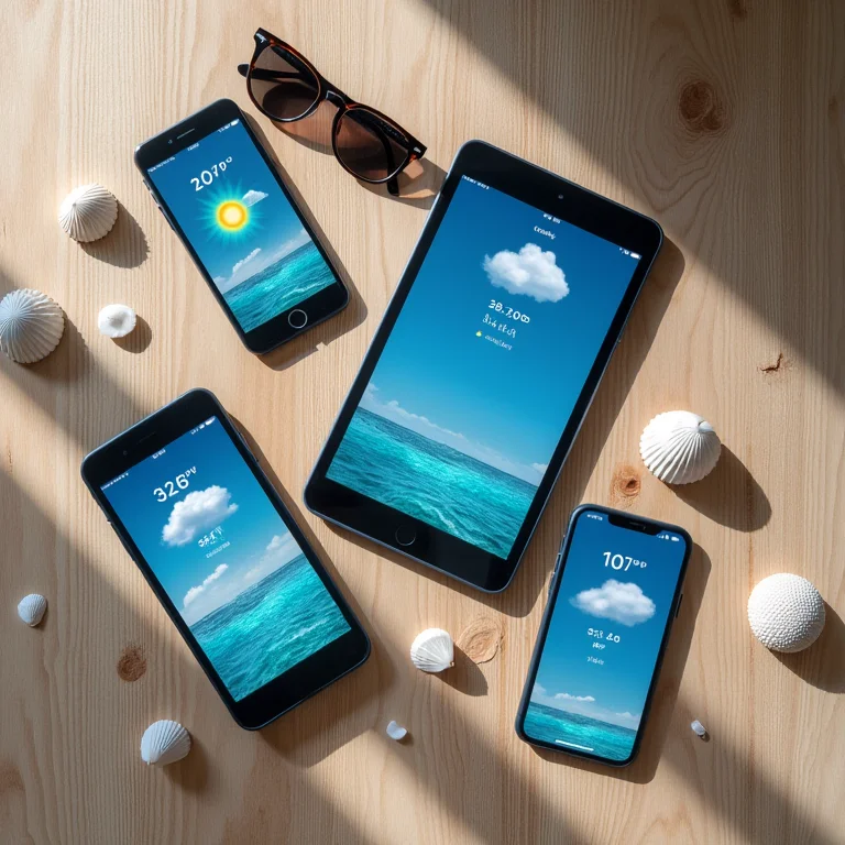 Apps de previsão do tempo em tela de celular e tablet com conchas e óculos de sol.