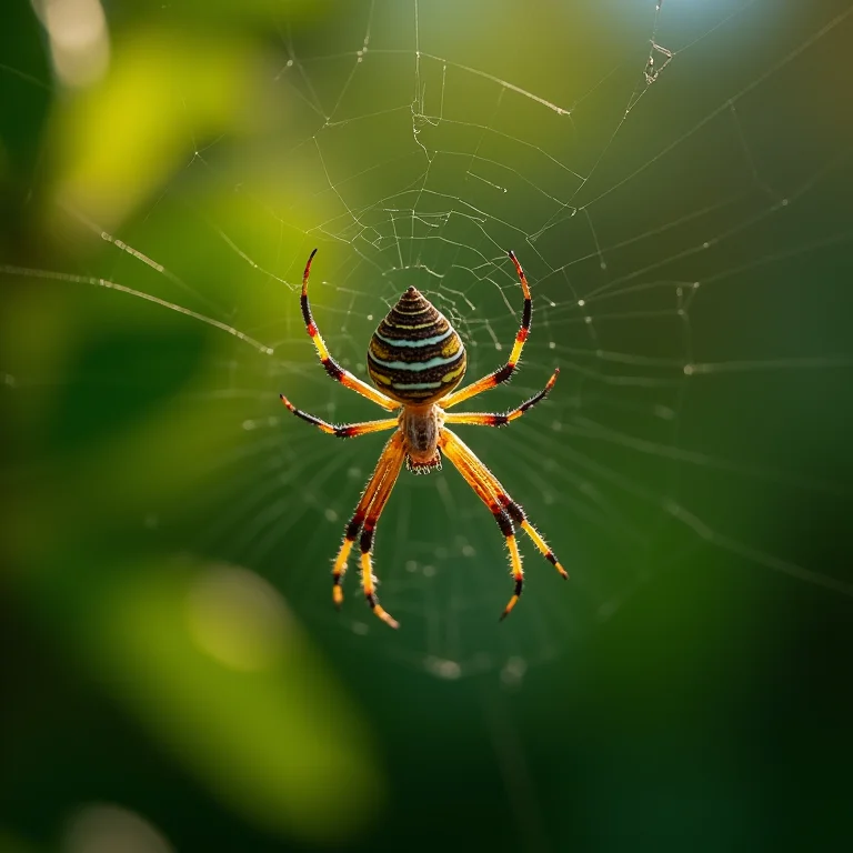 Aranha-de-jardim (Nephila clavipes) tecendo sua teia em um jardim exuberante.