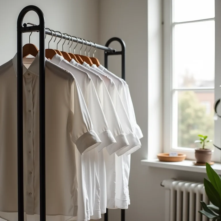 Arara com várias camisas sociais com mangas perfeitamente dobradas.