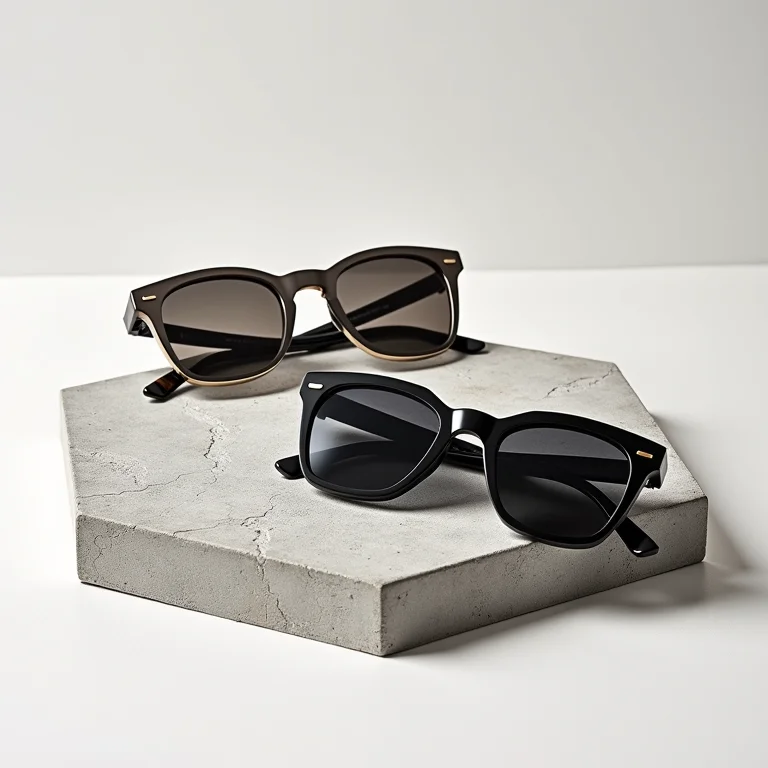 Armações de óculos de sol angulares e retangulares sobre superfície de concreto.