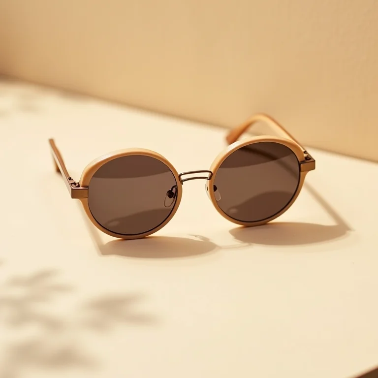 Armações de óculos de sol arredondadas e ovais em superfície de madeira clara.