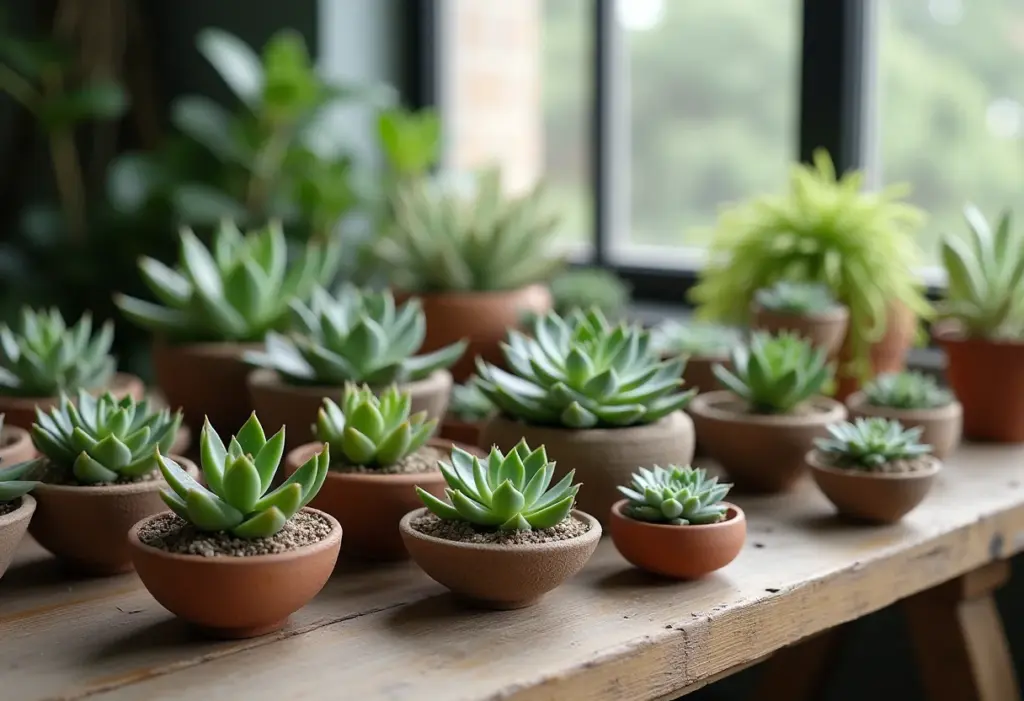 Arranjo de suculentas diversas em mesa de madeira com luz natural.